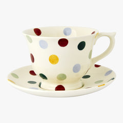 Emma Bridgewater Polka Dot Large Teacup & Saucer Set - vintage inspired and colourfully dotted ceramic afternoon tea teacup and saucer set made with 100% Earthenware. the perfect teacup set that would be perfect for an afternoon in the garden with a scone and cream.