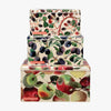Emma Bridgewater Vegetable Garden Apples Set of 3 Square Cake Tins - modern style cake tins made from stainless steel featuring a wide variety of fruits such as apples and berries with a green, blue, red and beige colourway. 