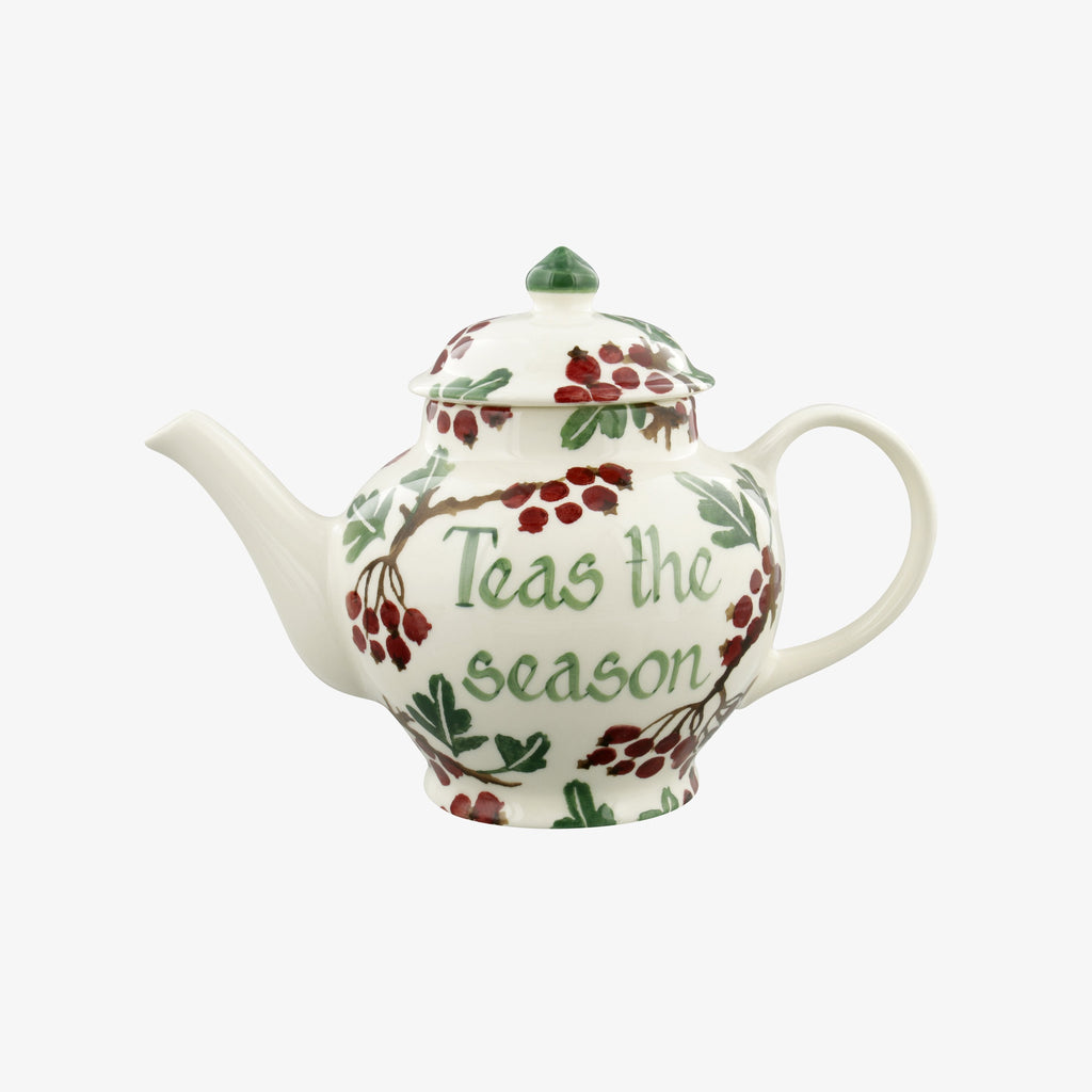 Emma Bridgewater Personalised Hawthorn Berries 2 Mug Teapot. 600ml English earthenware teapot with customised wording and a vibrant pattern of red hawthorn berries and green leaves.