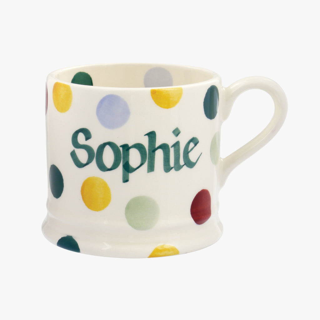 Personalised Small Polka Dot Mug - Ceramic pottery mug with colourful polka dots. Cream coloured mug that you can personalise with a personalised message you can gift for birthdays or celebrations - perfect for dad, mum, brother, sister, nan, grandad or friend.